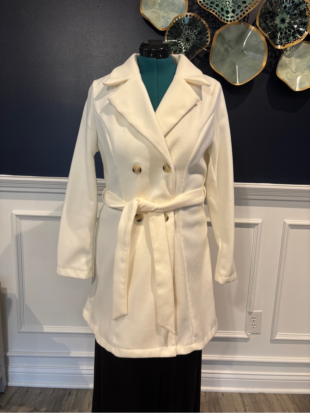 SHEIN Women’s L Ivory Belted Peacoat Trench Coat Double Breasted Lightweight